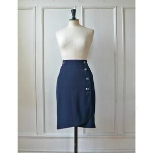 Vintage KARL LAGERFELD Navy Pencil Skirt 80s Wrap Around Power Dressing